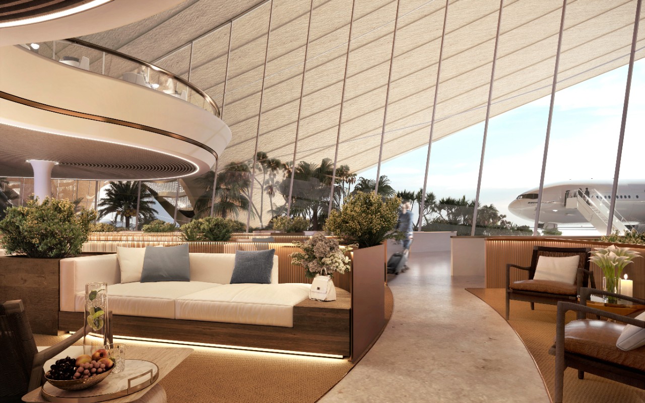 A luxurious airport lounge with modern seating, lush indoor plants, and a large window looking out onto an airplane.
